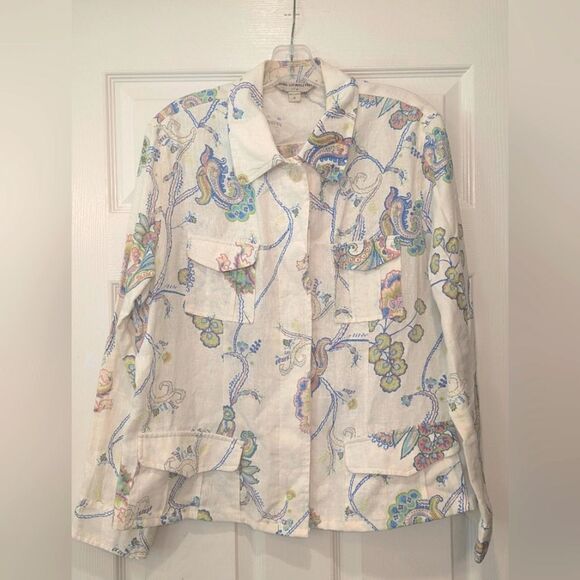 Ann Llewellyn Life 100% Linen Jacket Blazer Sz 46 XL Floral Paisley Utility Boho - Picture 2 of 11